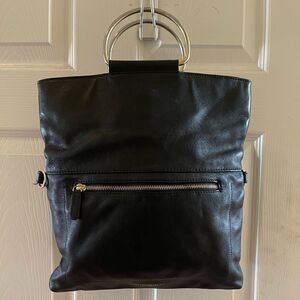 CYNTHIA ROWLEY BLACK LEATHER CONVERTIBLE FOLD-OVER SATCHEL TOTE .